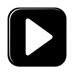 Minimalist black and white vector icon of a play button symbol (right-pointing triangle) enclosed in a rounded square. Represents media playback, video, audio, and a basic user interface element.