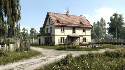 Obraz premium Abandoned Two-Story House In A Rural Countryside Scene