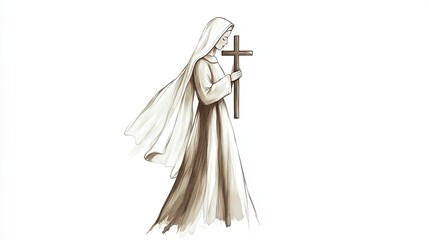 Nun Walking with Cross Religious Art Print