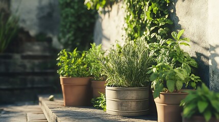 Fototapeta premium Lush herb garden with basil rosemary mint arranged neatly high resolution picture
