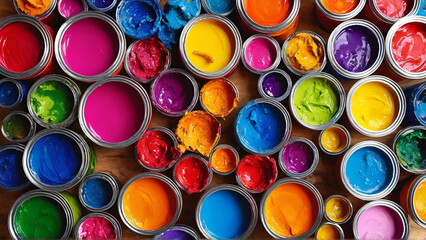 Colorful all color paints in plastic caps and bottles show the art of recycling plastic containers and caps, Generative AI