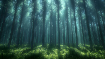 Naklejka premium Sunbeams stream through a dense forest illuminating the verdant undergrowth Tall trees stretch upwards toward the ligh