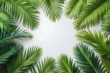 Fototapeta premium Palm leaves leaf frame border design isolated on white background. Palm branches summer design element. Tropical green plant. 