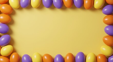 Colorful Easter Egg Frame - A frame of colorful pastel eggs on a yellow background, perfect for Easter greetings or spring designs