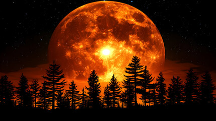 Silhouette of forest with a glowing orange moon behind the trees under a starry sky