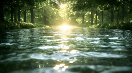 Fototapeta premium Sunlight streams through a river bordered by trees The light sparkles and ripples dance along the surface of the water