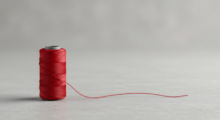 Single Red Thread Spool Unwinding on Grey, Minimalist Product Shot for Sewing, Crafting Projects