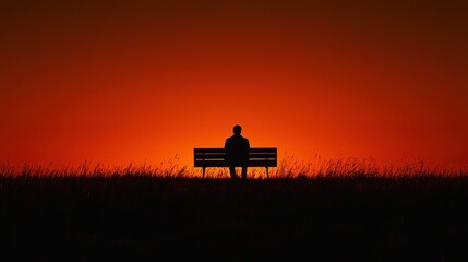 Fototapeta premium Silhouette figure sits alone on bench at sunset