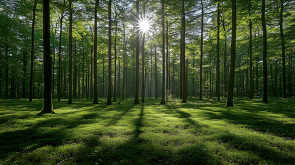 Obraz premium Verdant forest floor stretches beneath tall trees sunlight streaming through the canopy creating shadow patterns acros
