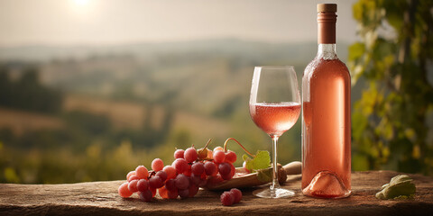 Rose wine bottle and glass on wooden surface, grapes nearby, blurred vineyard background showcasing summer freshness and drink concept