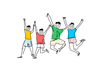 Minimalist line art illustration of a winning team jumping joyfully. Perfect for concepts like success, achievement, teamwork, and celebration