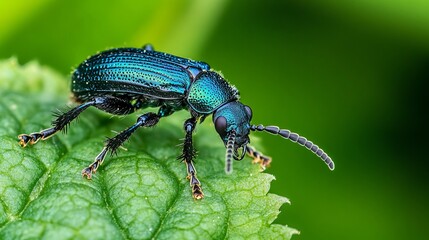 Naklejka premium Stunning Jewel Beetle Macro Photography Green Leaf Vibrant Blue Green Colors Detailed Insect Nature Closeup Photography Wildlife Detailed Texture Amazing Insect World Detailed View Green Background 