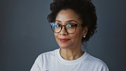 Obraz premium A woman wears glasses and a white shirt, looking directly at the camera