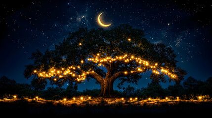 Glowing tree under a starry night with a crescent moon Lit by strings of lights and ground level lamps