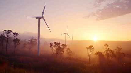 Pixelated Wind Turbines At Sunrise Over Misty Field