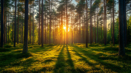 Naklejka premium Golden sunlight filters through the tall trees illuminating the lush forest floor and creating a serene enchanting atm