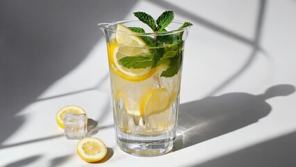 Fototapeta premium Fresh glass of water with lemon slices and mint leaves for refreshing drink