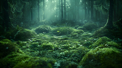 Fototapeta premium Tranquil forest floor covered in lush green moss with tall trees shrouded in mist creating a serene and enchanting atmo