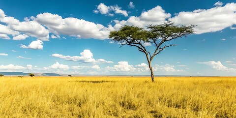 Obraz premium Vast yellow wheat field stretches under a beautiful blue summer sky with fluffy white clouds, a classic rural landscape.