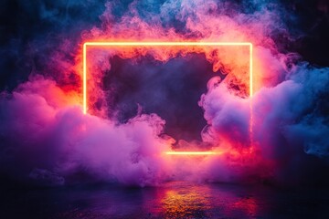 Glowing square frame surrounded by colorful smoke or clouds on dark background.