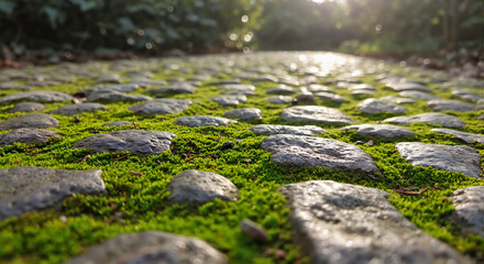 Fototapeta premium Cobblestone Pathway Covered in Green Moss at Sunset 