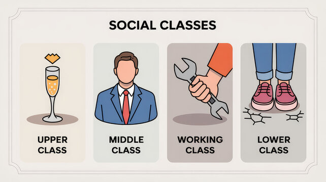 Social Classes Illustration: A conceptual illustration depicting the four social classes: upper, middle, working, and lower class, symbolized by champagne, a businessman, a wrench, and worn sneakers.