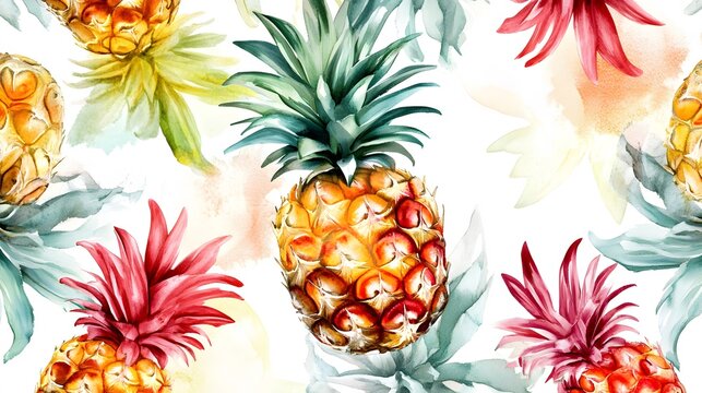 Watercolor Pineapple Seamless Pattern.