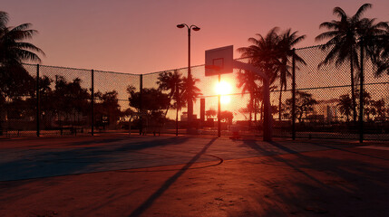 Naklejka premium Sunset view of outdoor basketball court, palm trees silhouetted against fiery sky. Scene evokes feelings of warmth, tranquility, and summer evenings.