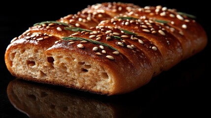 Freshly Baked Sesame Seed Bread with Rosemary Sprigs on a Dark Background Perfect for Culinary