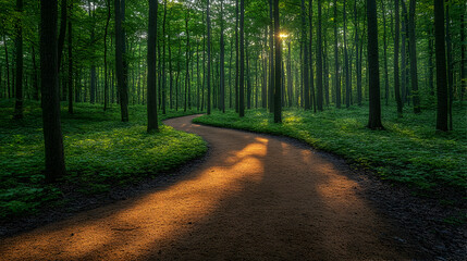 Fototapeta premium Sunlight shines through forest trees illuminating a path Greenery covers the ground in this tranquil natural woodland