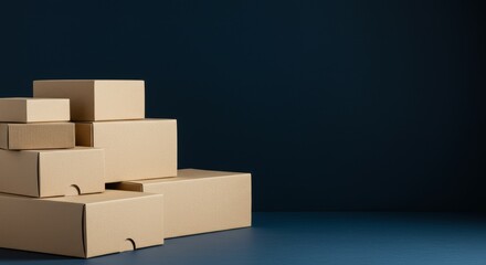 Fototapeta premium Stacked cardboard boxes on a dark background, creating a minimalist and modern aesthetic