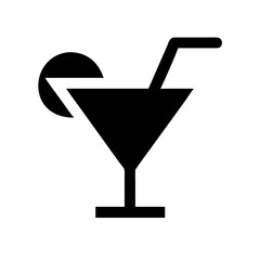 Black cocktail glass silhouette with lemon and straw  