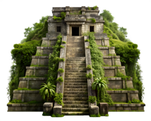 Ancient Mayan Temple Ruins Overgrown with Vegetation