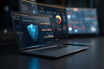 Laptop screen displays a digital shield composed of binary code, symbolizing cybersecurity and data protection, set against a backdrop of blurred computer monitors showcasing graphs and data