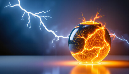 Dramatic lightning striking glowing globe, risk and catastrophe concept