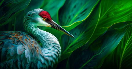 Close up view of a sandhill crane bird with vibrant orange eyes and red head against a backdrop of lush green foliage, showcasing natural beauty. © W.O.W