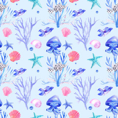 Watercolor seamless pattern with sea creatures
