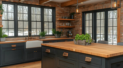 Classic kitchen interior with brick walls dark cabinets and wood countertops offering a cozy and functional cooking s
