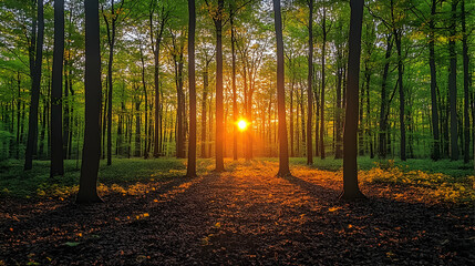 Fototapeta premium Forest view with sun shining through tall trees creating light patterns on the forest floor Leaves adorn trees with gr