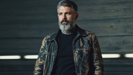 Portrait of a bearded man wearing a leather jacket, suitable for use in editorial or creative projects
