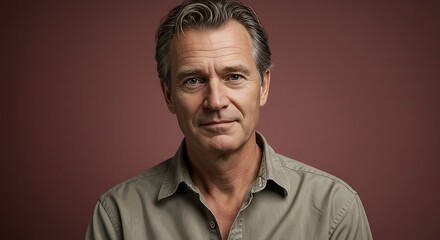 Obraz premium Mature handsome Caucasian man with graying hair and a friendly expression, wearing a casual button-down shirt, concept for lifestyle portrait, professional headshot and mature male modeling
