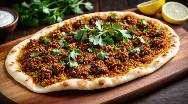 A traditional Turkish lahmacun topped with seasoned minced meat and fresh herbs is presented on a rustic wooden board, accented by vibrant lemon and parsley
