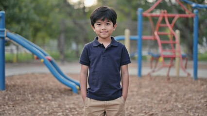 A young boy stands at the entrance of a colorful playground, looking out at the fun ahead