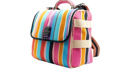 Close up view of a colorful striped lunchbox with a buckle on a white backdrop