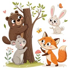 Cute cartoon animals set &ndash; bear, bunny, fox, and cat in flat style on white background