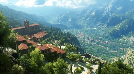 Stunning Mountaintop Village Scenic View Breathtaking Landscape Picturesque Italian Architecture Red Tile Roofs Lush Greenery Sunny Day Panoramic     