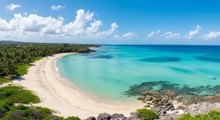 Obraz premium Pristine Beach Summer Ocean Idyllic Shot - A serene beach scene symbolizes tranquility, escape, summer vacation, paradise, and relaxation. Clear turquoise water, white sand, lush vegetation
