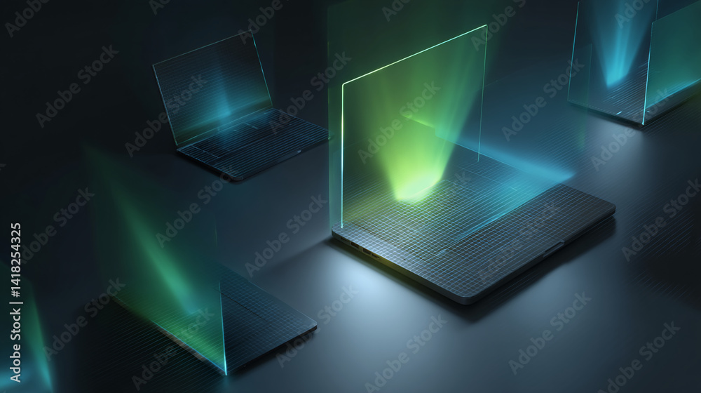 Poster abstract image of multiple laptops with glowing screens, showcasing technological advancement and di