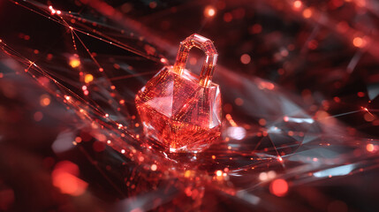 Red translucent padlock on dark background with glowing lines, symbolizing digital security and network protection