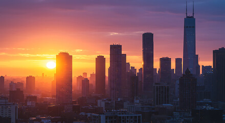 Naklejka premium Vibrant urban modern city skyline at golden hour with a dramatic orange and purple sky, concept for travel promotion, corporate branding and real estate development